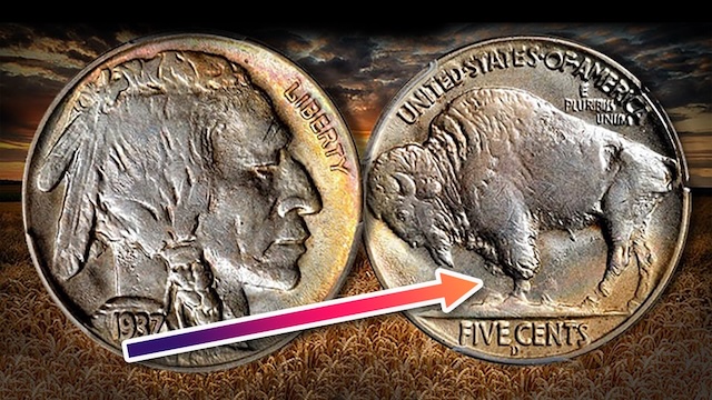 Side-by-side comparison: normal 1937-D Buffalo nickel reverse versus authentic Three-Legged variety showing missing foreleg