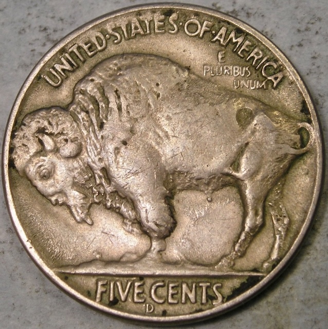 1937-D Three-Legged Buffalo nickel reverse close-up showing the missing right front foreleg