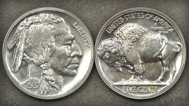 1937 Buffalo nickel proof coin showing mirror-like fields and frosted devices