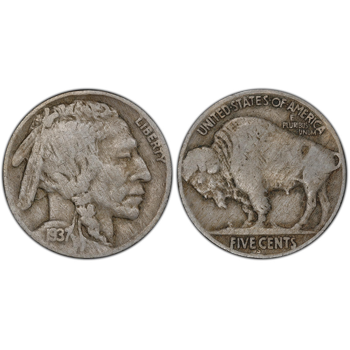 1937-S Buffalo nickel reverse showing triple S/S/S repunched mint mark under magnification