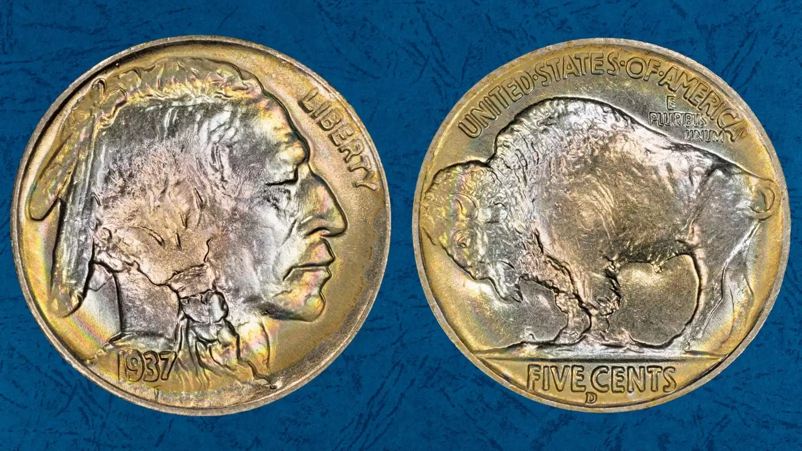 1937-D Buffalo nickel D/D repunched mint mark close-up showing secondary D impression offset from primary