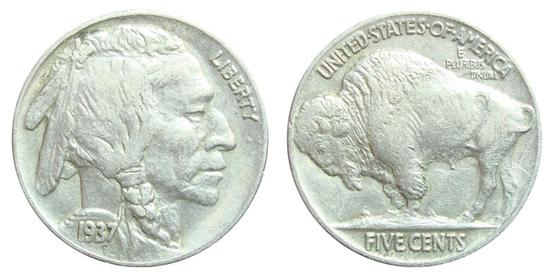 Group of 1937 Buffalo nickels from all three mints showing Philadelphia, Denver, San Francisco, and Proof specimens