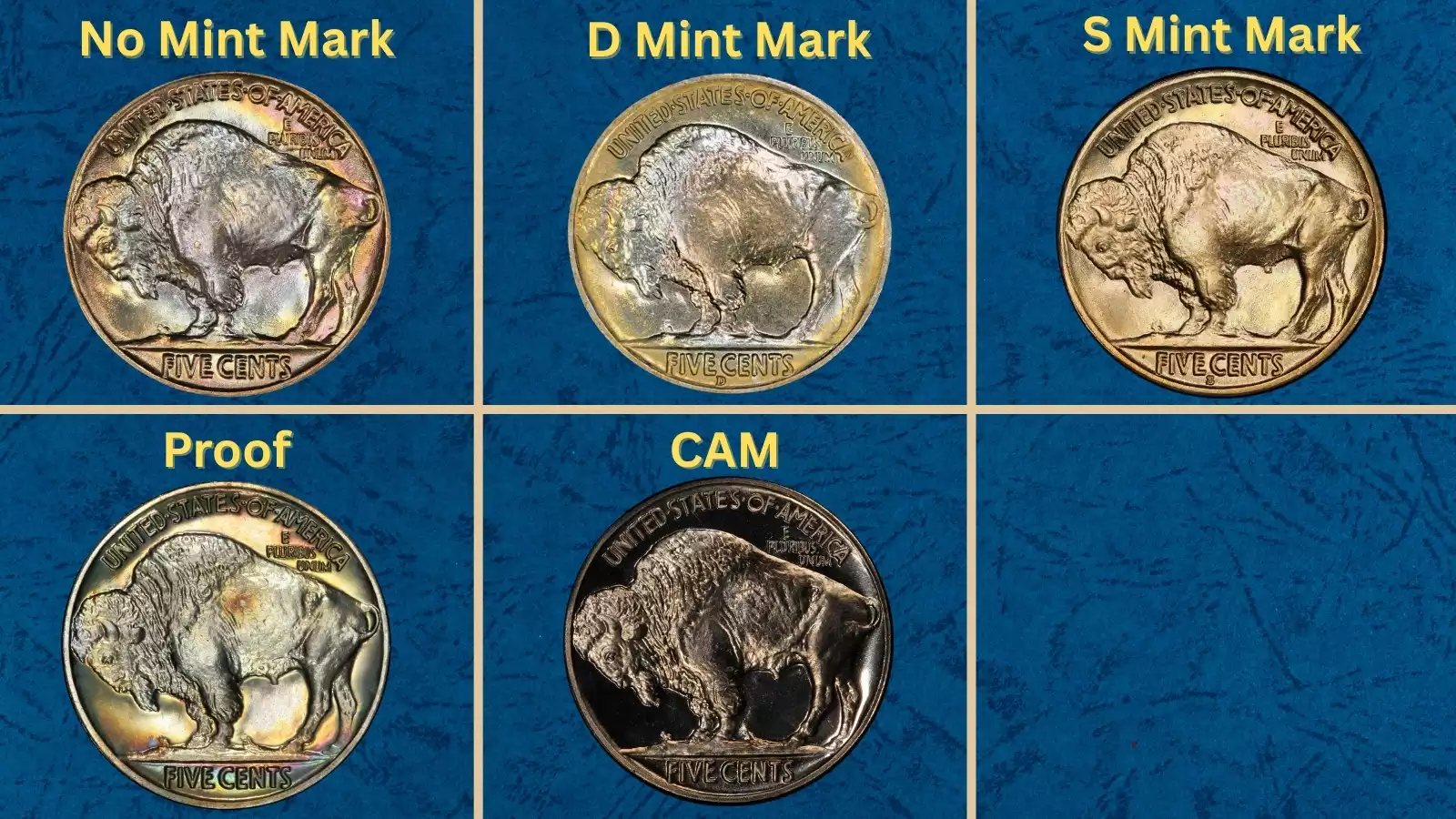 Buffalo nickel grading strip showing four condition tiers from Good (worn) to Mint State (uncirculated) for the 1937 issue